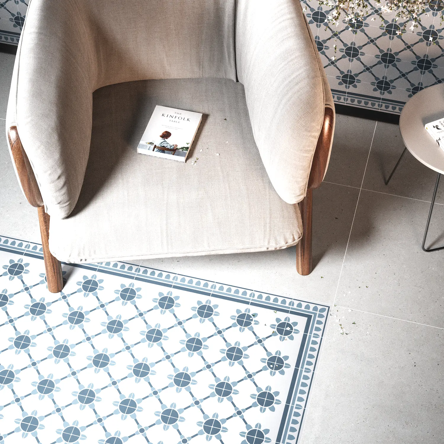 Aged concrete flooring Kitchen floor featuring high-resistance matte tiles with an aged concrete look