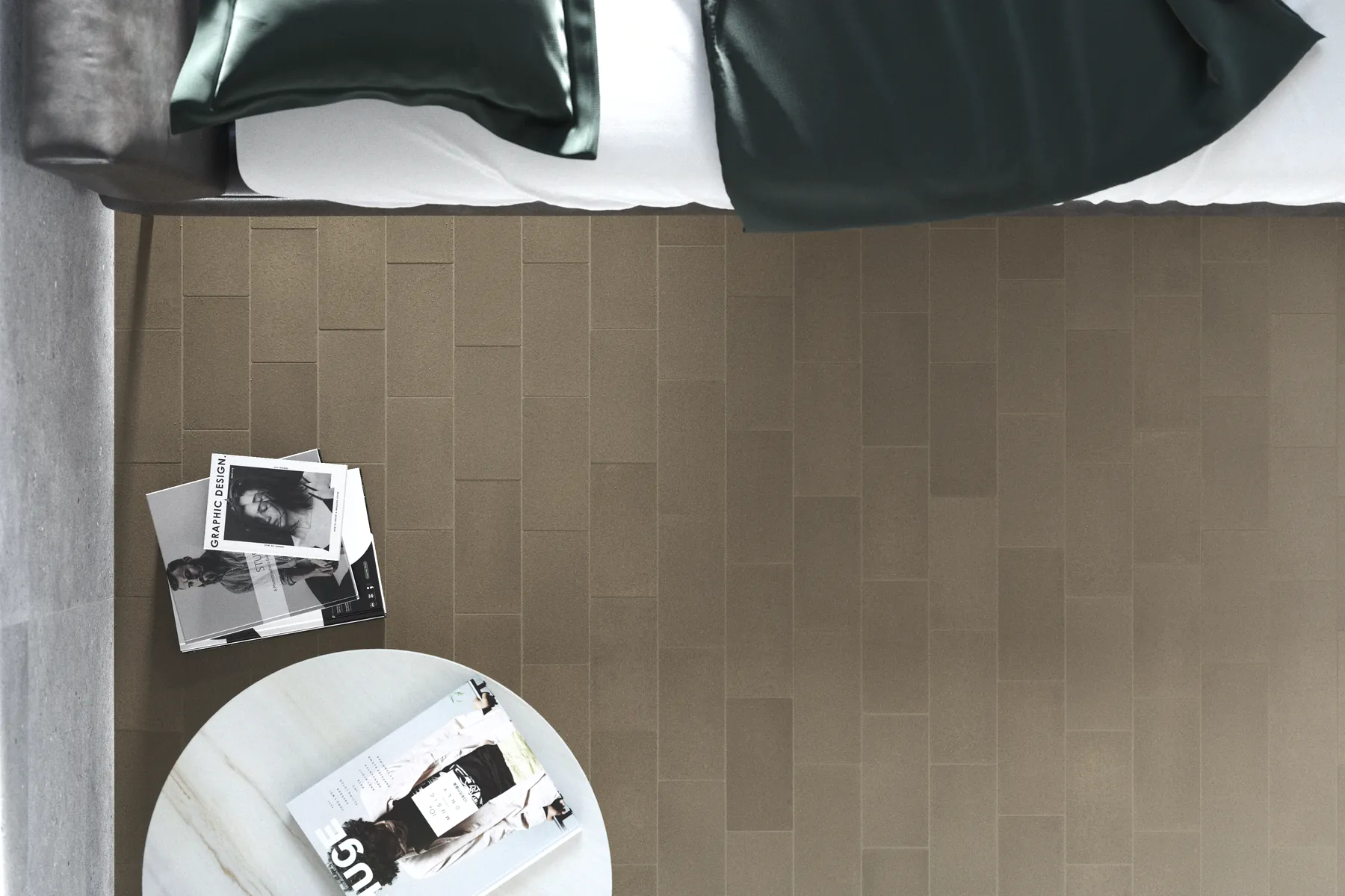 Pavimento de habitación con azulejos de color beige arena en disposición aleatoria