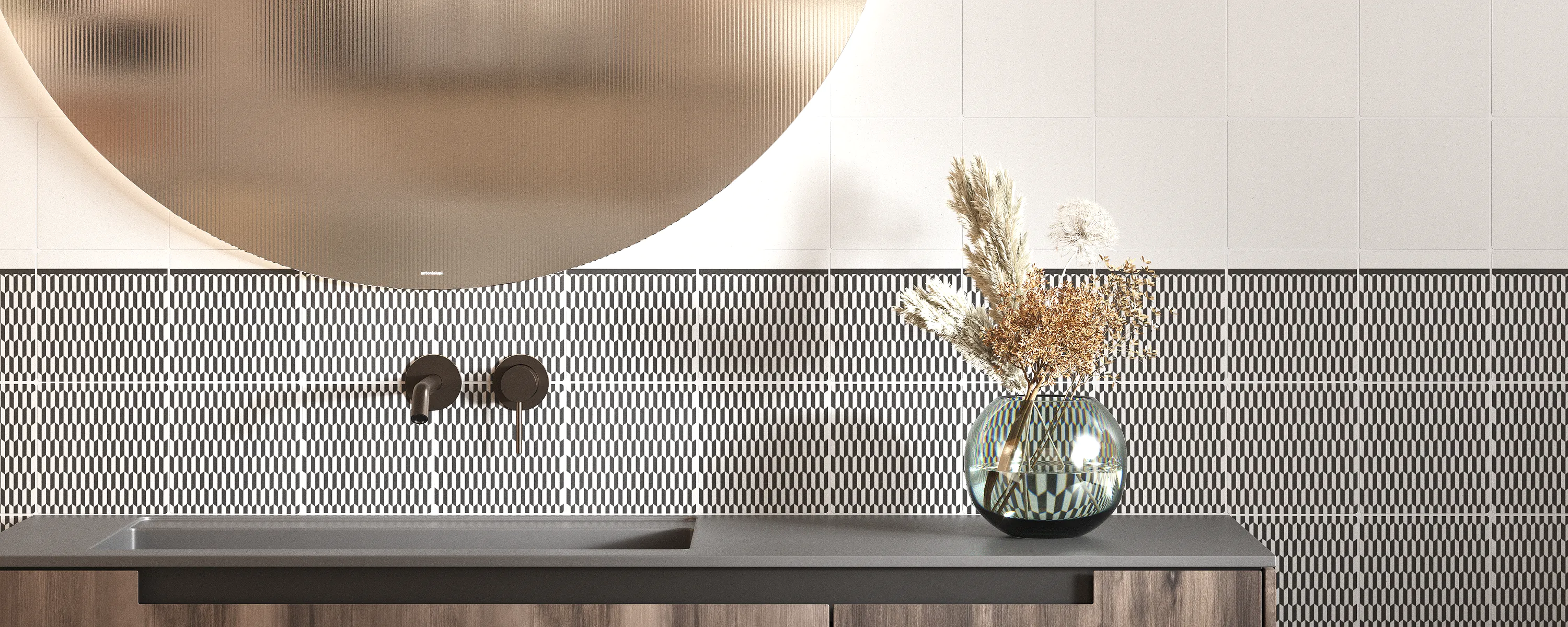 Azulejos de pared para baño en color blanco con diseño lineal en negro para proyectos de interiorismo moderno