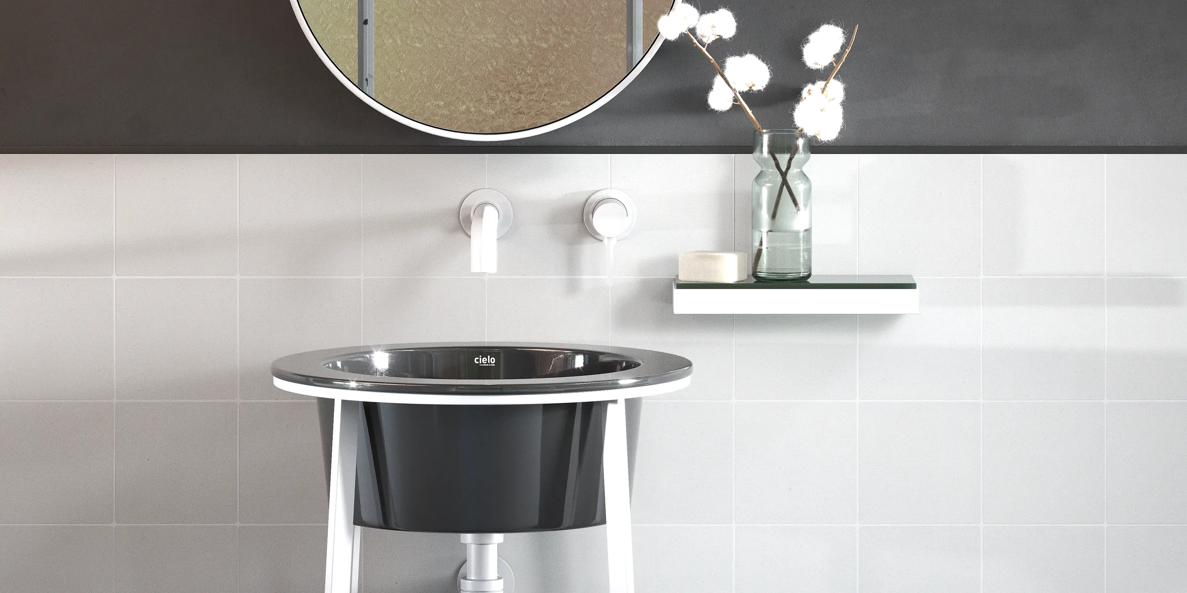 Azulejos para baño en blanco mate de estilo mediterráneo y colocación a media altura