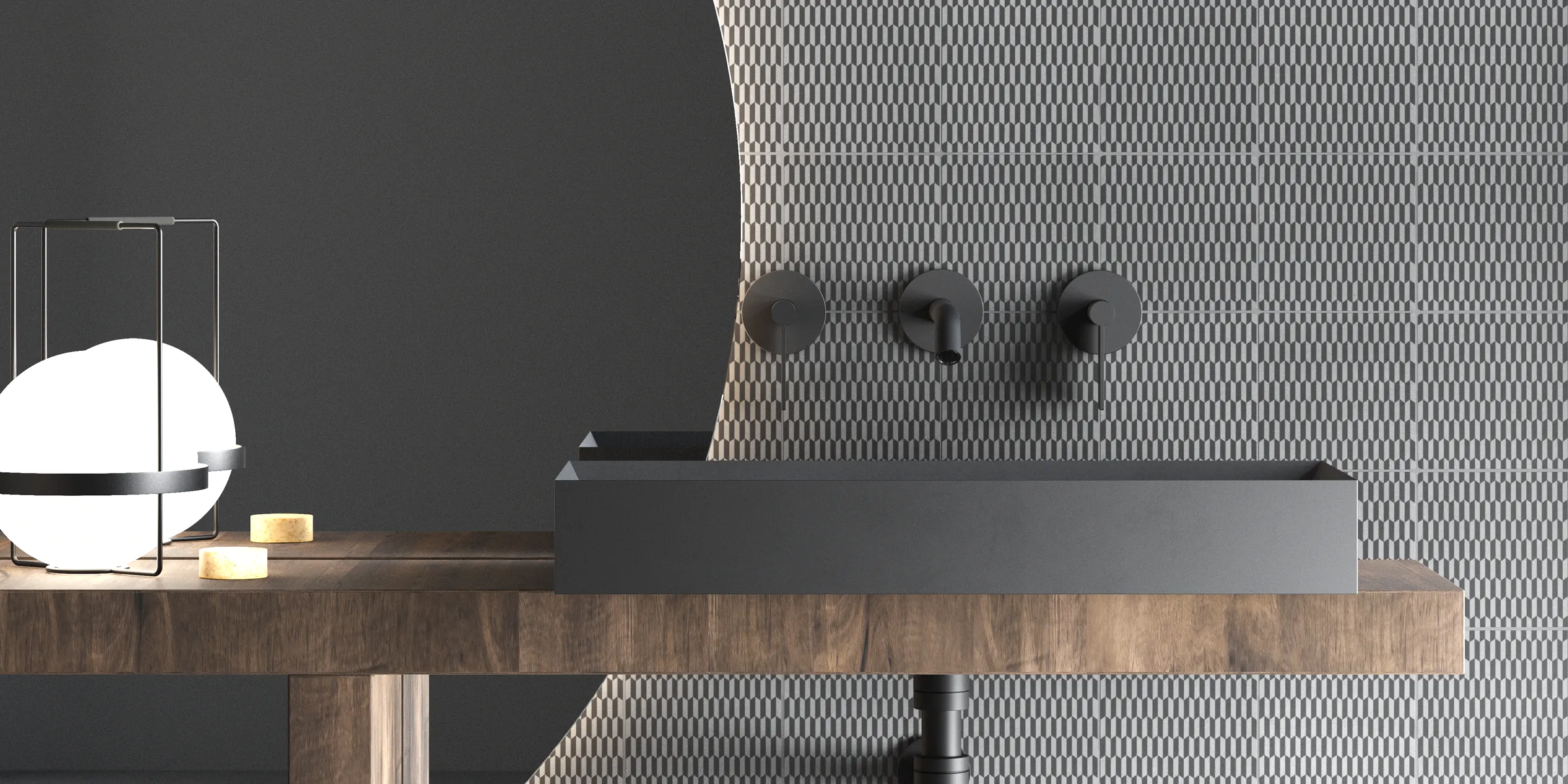 Azulejos de diseño en una pared de baño de estilo contemporáneo con base gris y motivo gráfico antracita