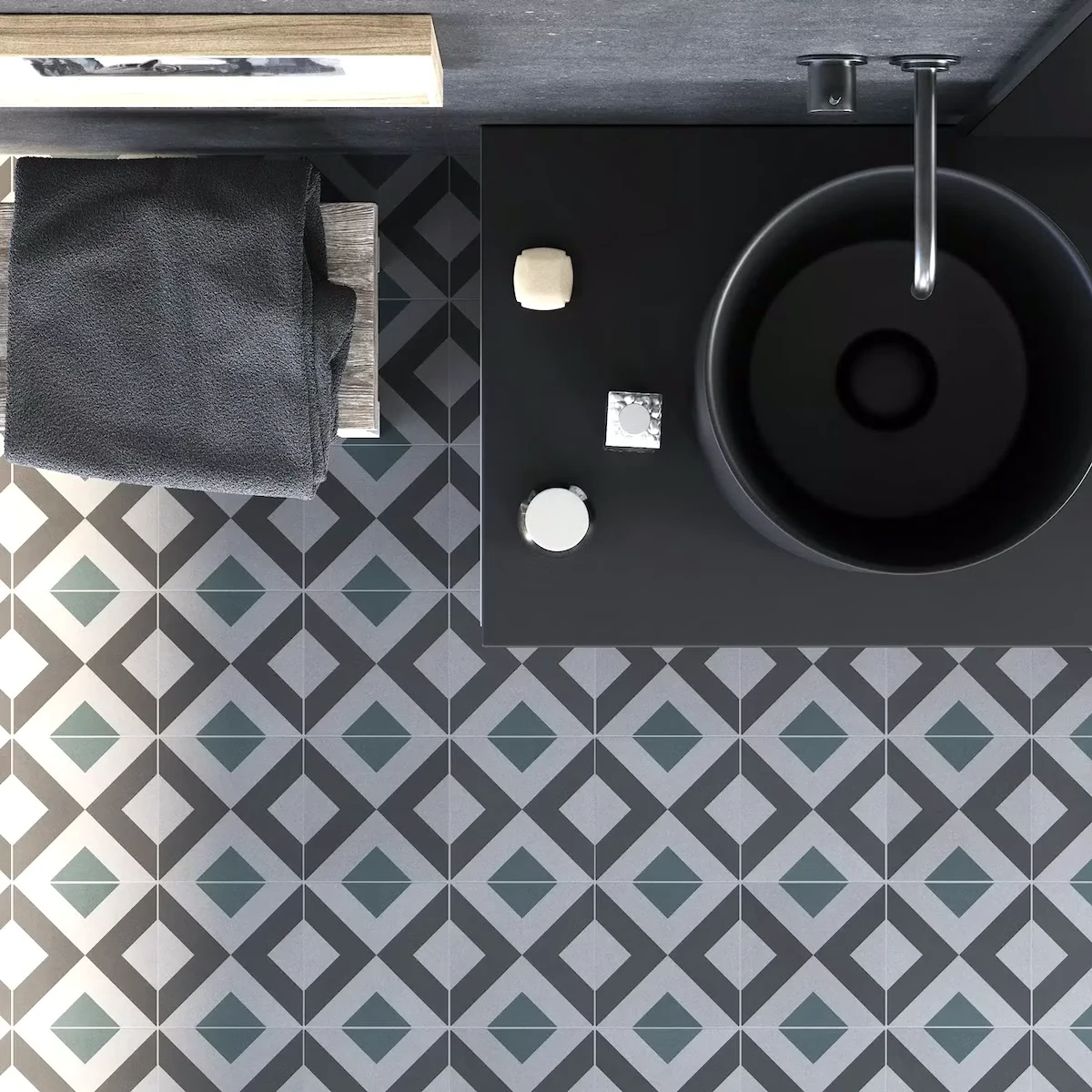 Bathroom Flooring Geometric Design Low-thickness cement tile flooring for a modern bathroom with a grey and green geometric design