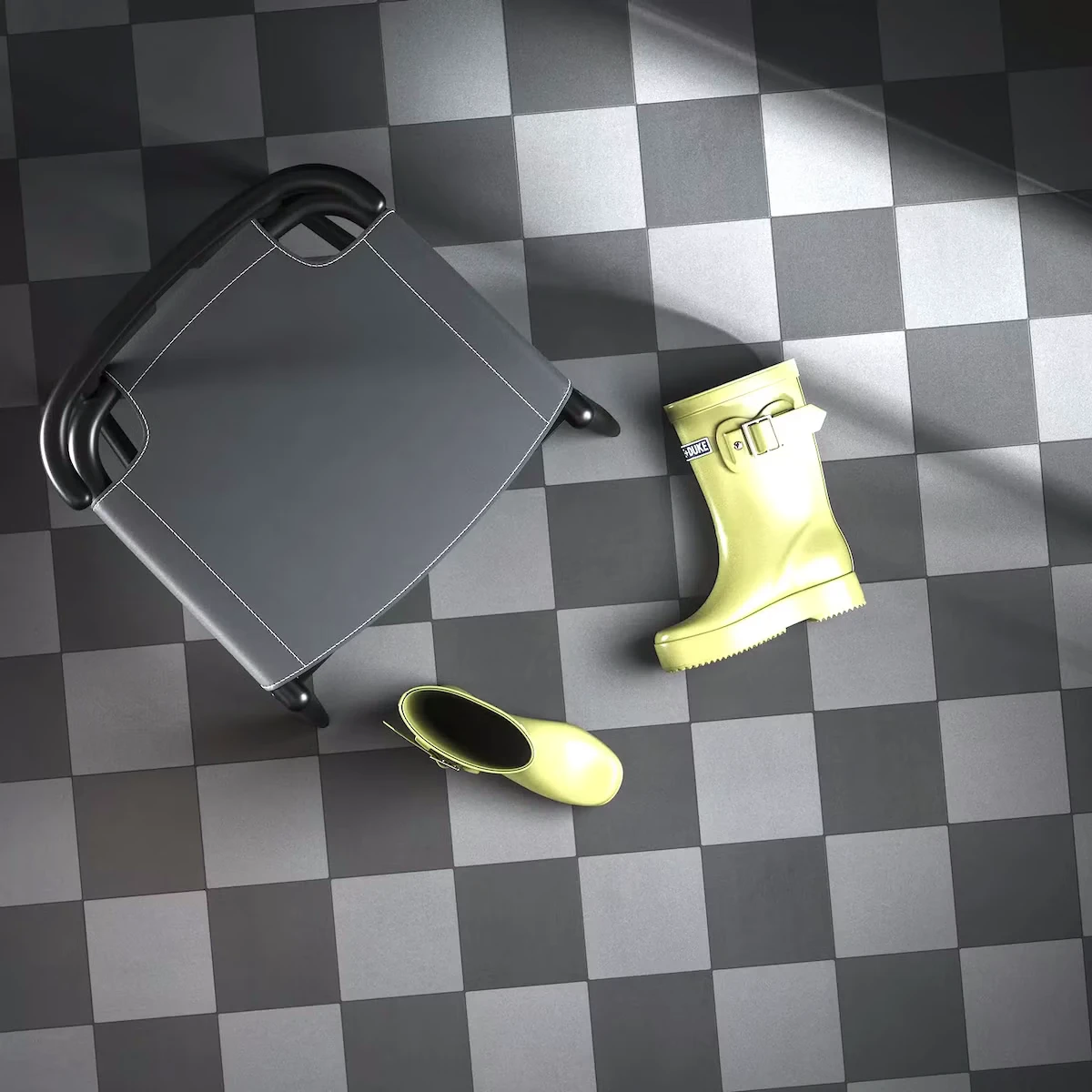 Bathroom Floor Tiles in Grey and Black Bathroom floor with authentic cement tiles in a contemporary grey and black checkerboard pattern