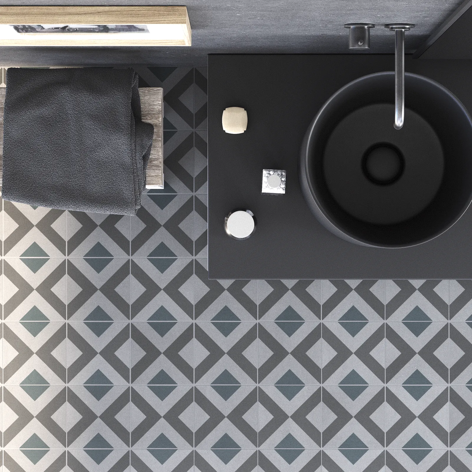 Slim-profile cement floor tiles for modern bathrooms featuring a grey and green geometric pattern