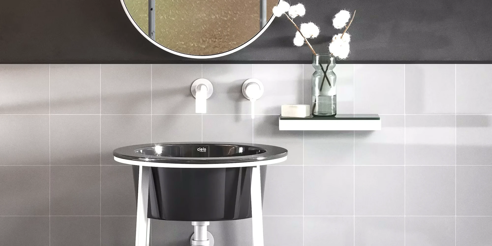 Bathroom Wall Cladding White Cement Bathroom wall cladding with white cement tiles in an industrial style with half-height installation