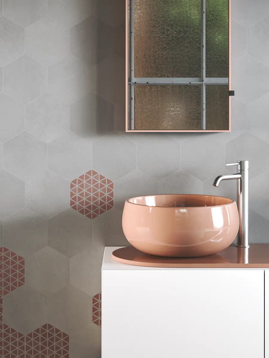 White cement covering Bathroom wall with grey cement hexagon tiles