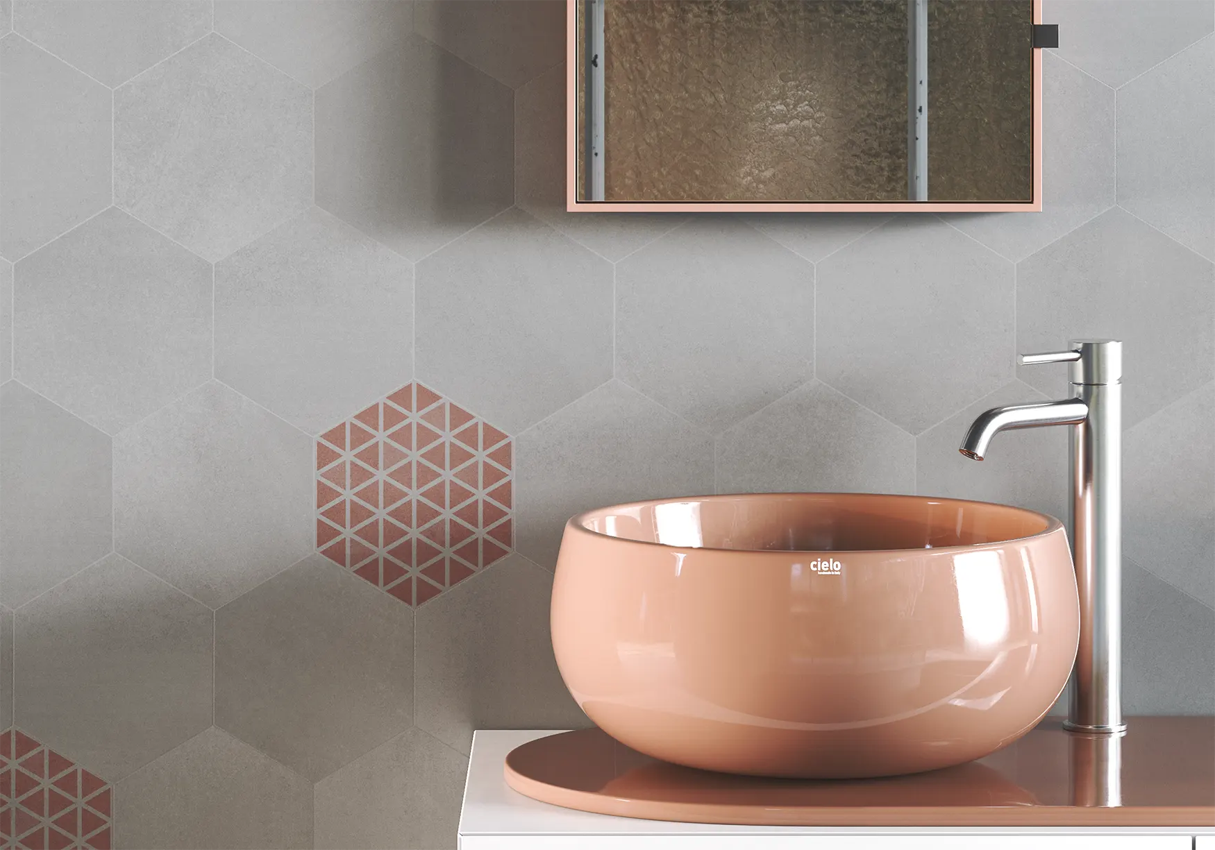 Bathroom wall with grey cement hexagonal tiles