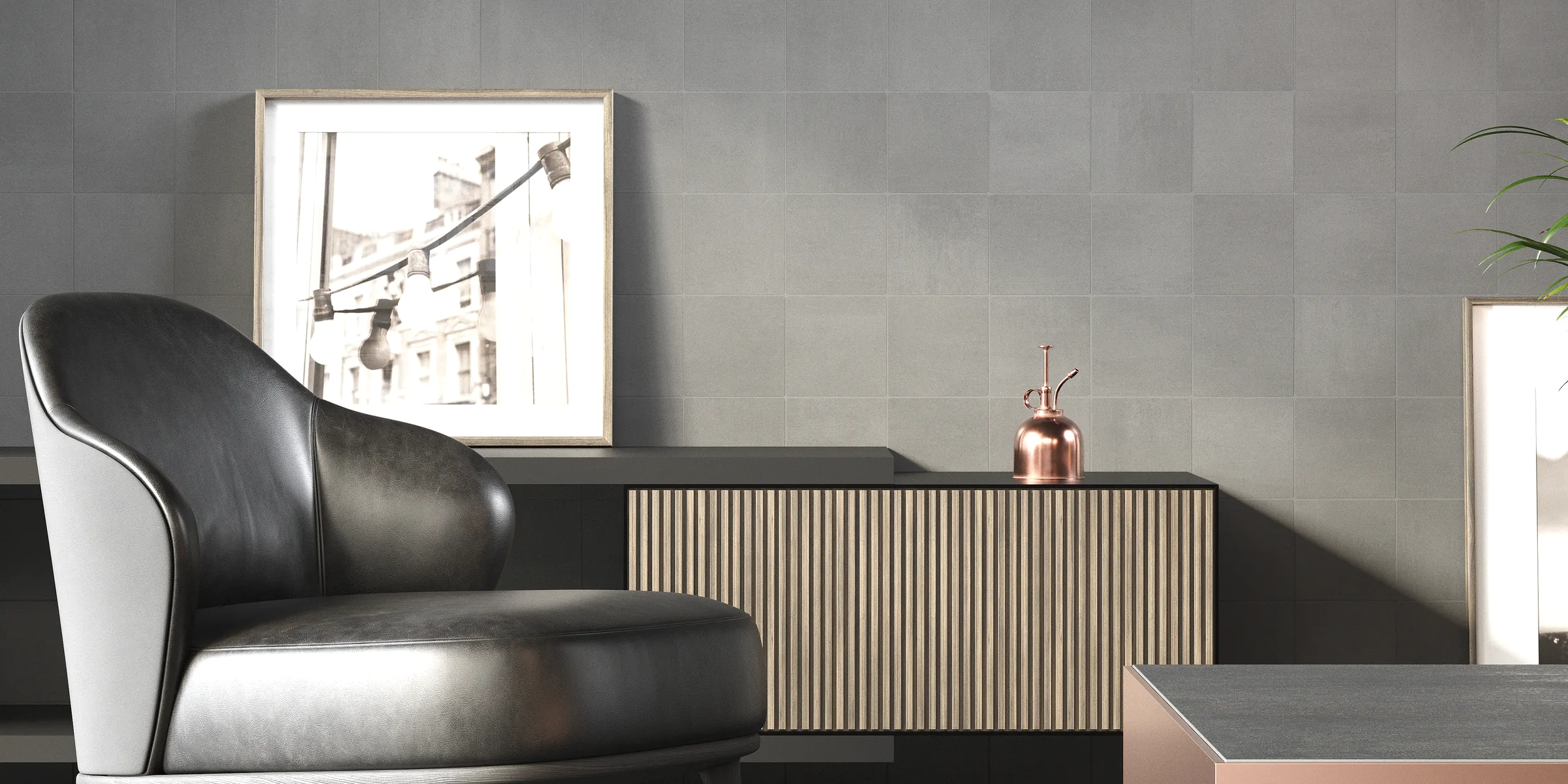Wohnzimmerwand dekoriert mit grauen Betonoptik Fliesen im modernen Design, Inneneinrichtung mit Holz- und Kupferelementen