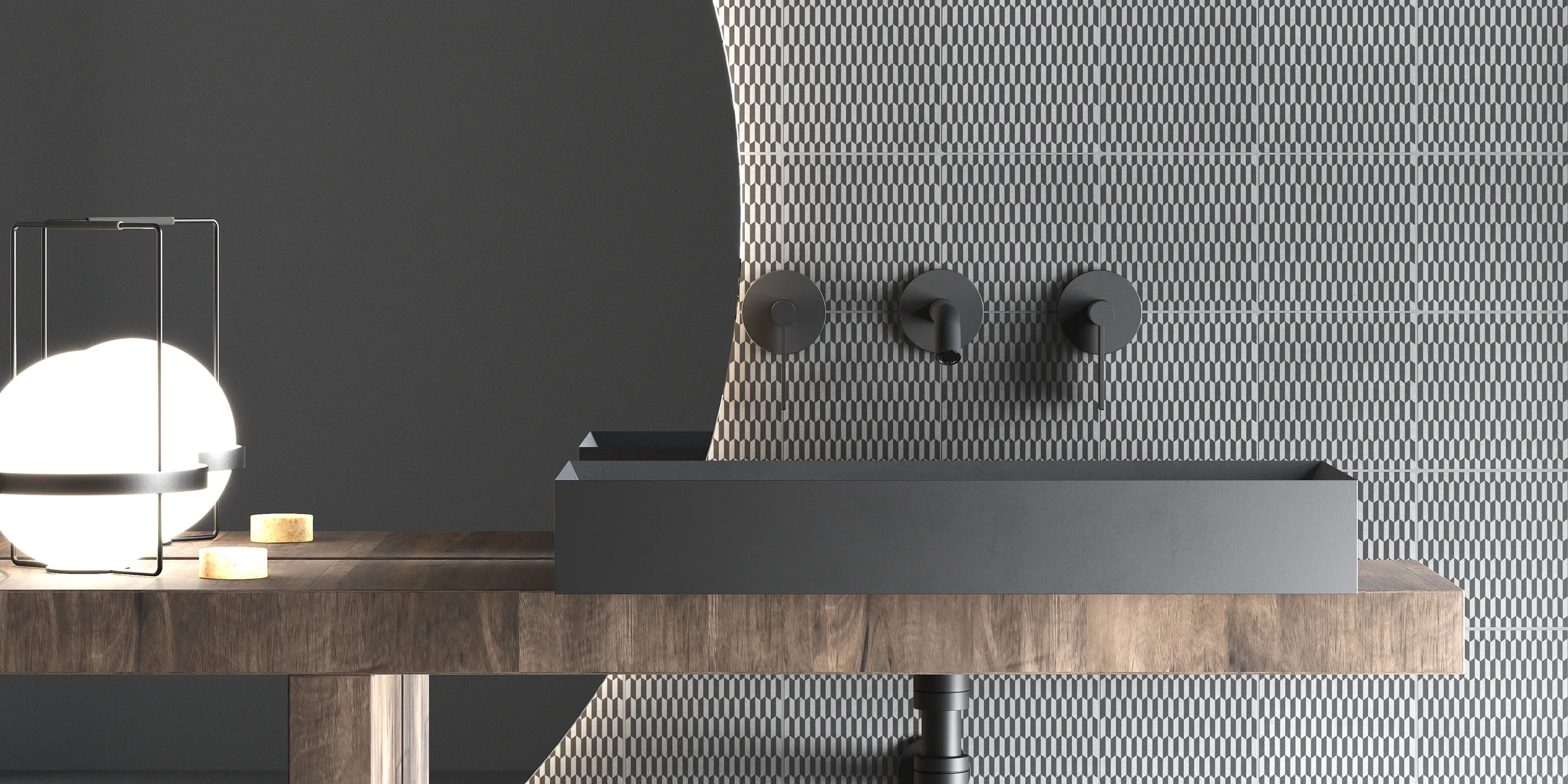 Revêtement mural réalisé avec un carrelage ciment gris pierre et noir anthracite pour des projets d'architecture et de décoration intérieure