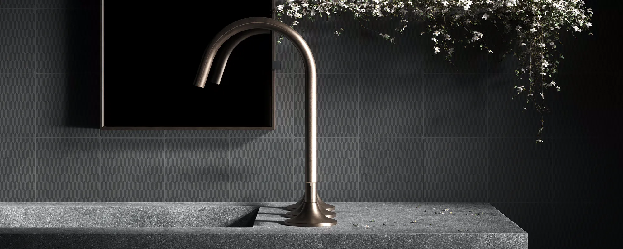 Interior wall cladding with graphite black and anthracite black cement tiles in a natural matt finish