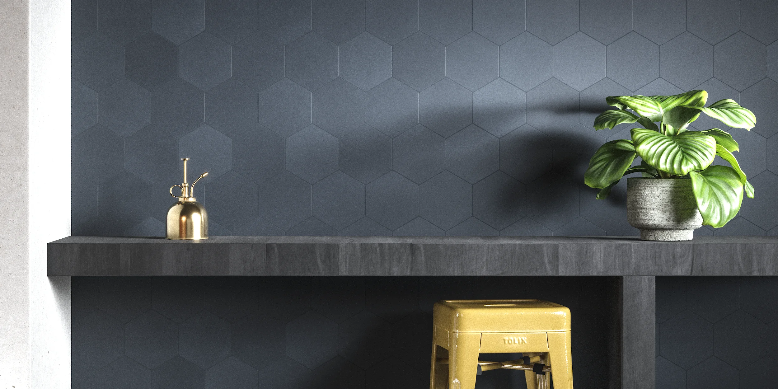 Cobalt blue industrial kitchen Kitchen backsplash decorated with cobalt blue hexagonal tiles with an industrial and urban aesthetic
