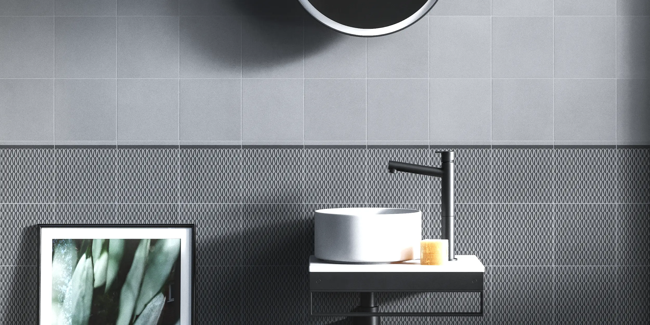 Grey mineral bathroom Bathroom setting with natural grey matte tile wall cladding