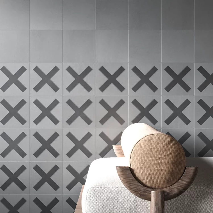 Living room wall with gray concrete tiles in 15x15 cm