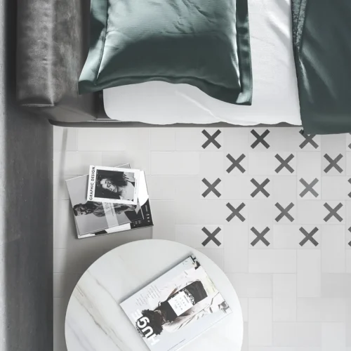 Bedroom floor with 10x20 centimetre white concrete tiles from the Dune collection