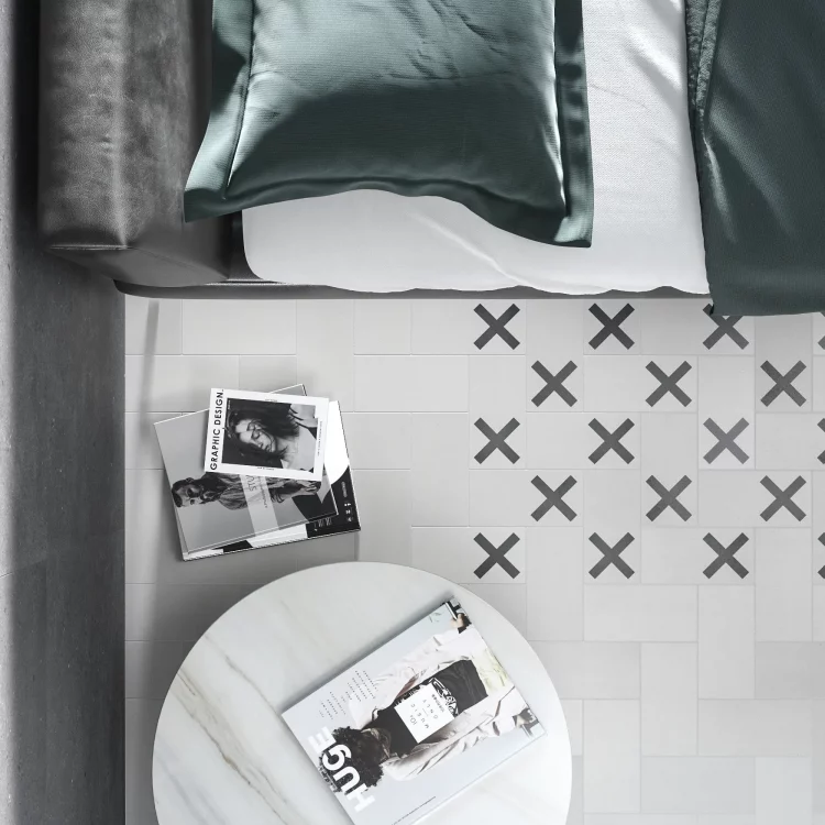 Bedroom floor with white concrete tiles in 10x20 cm
