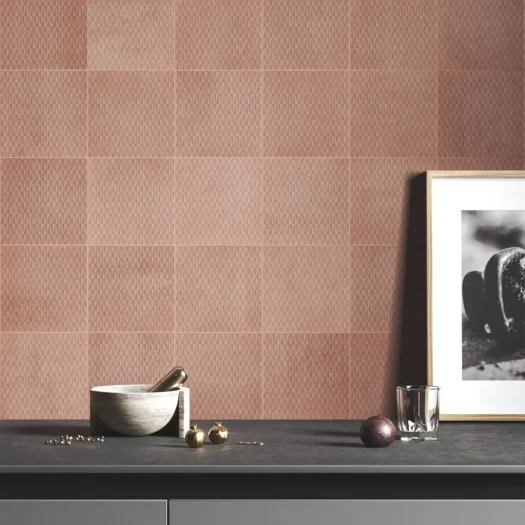 Kitchen wall with red concrete tiles in 15x15 cm