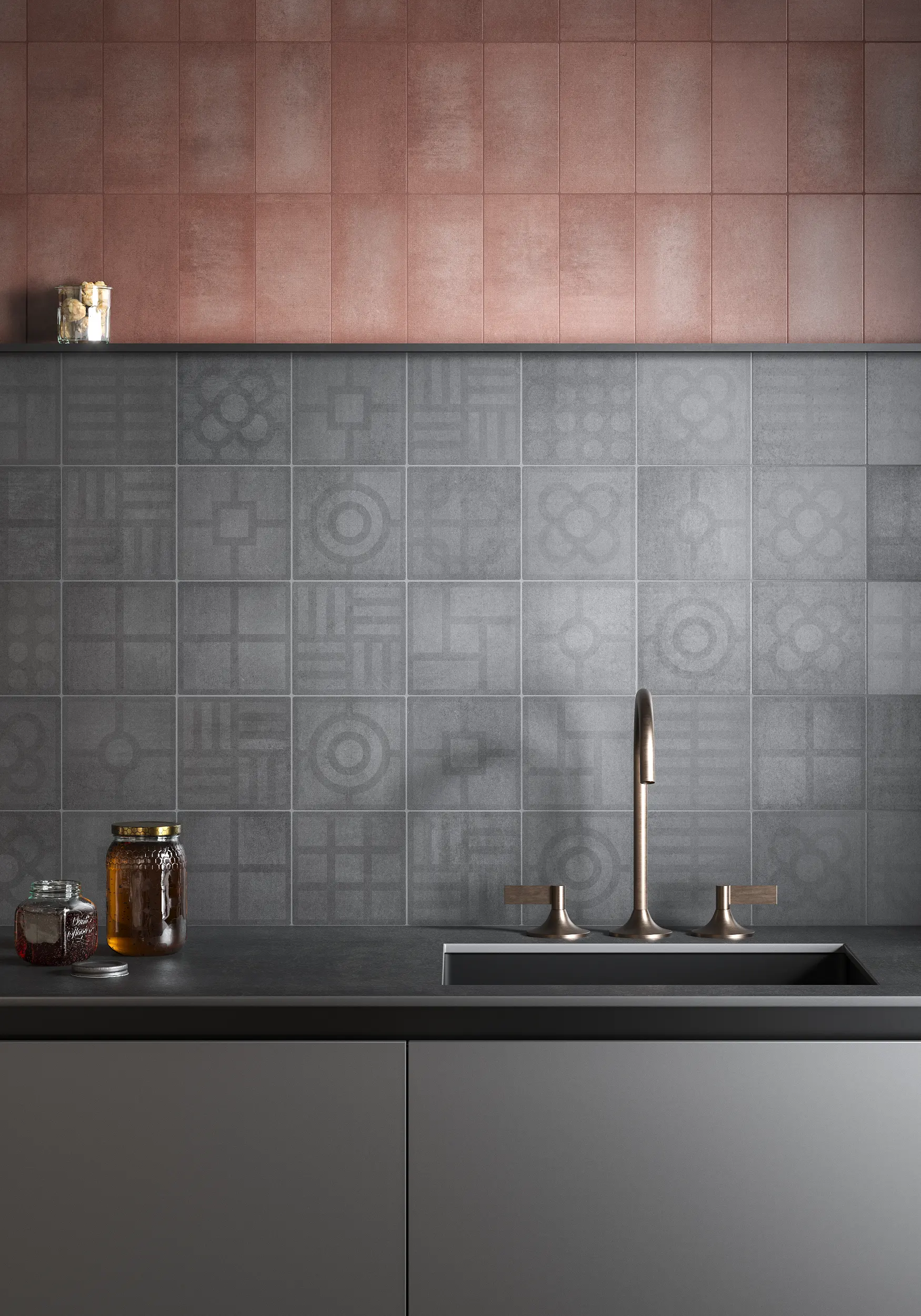Kitchen wall with red concrete tiles in 10x20 cm