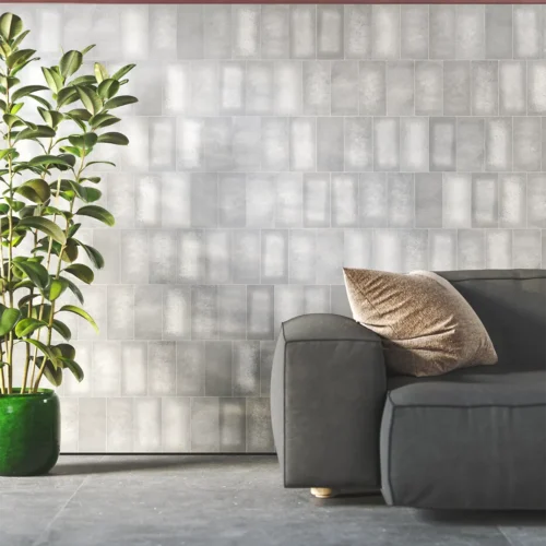 Living room wall with 10x20 cm stone concrete tiles