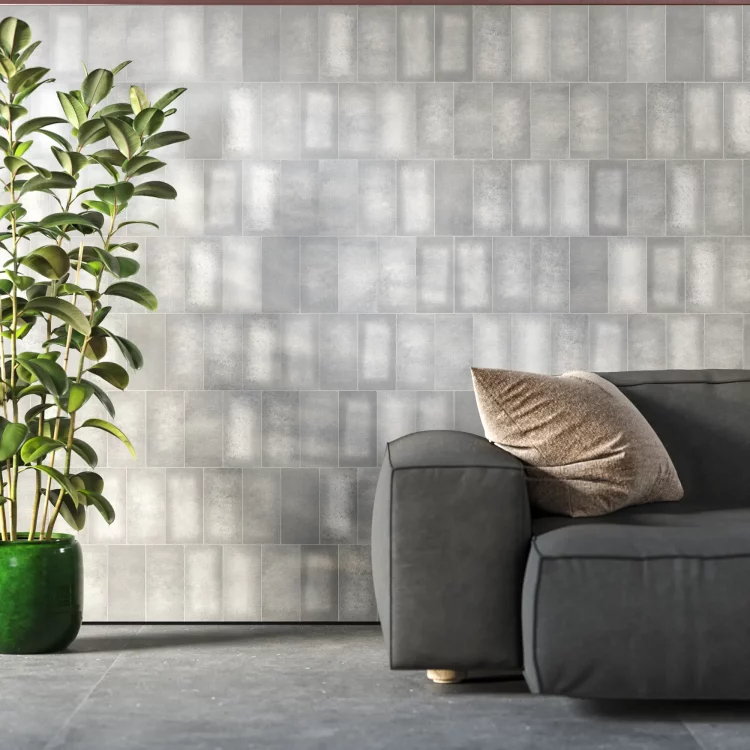 Living room wall with stone concrete tiles in 10x20 cm
