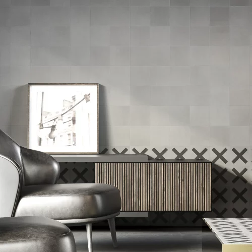 Living room with concrete wall tiles in 15x15 cm. made out of gray cement