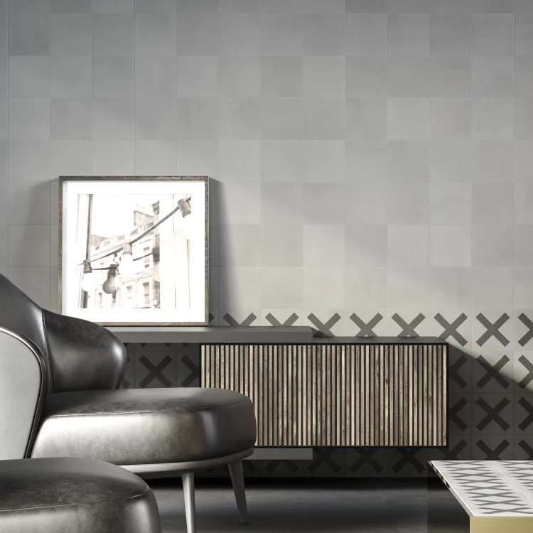 Living room wall with 15x15 cm grey concrete tiles