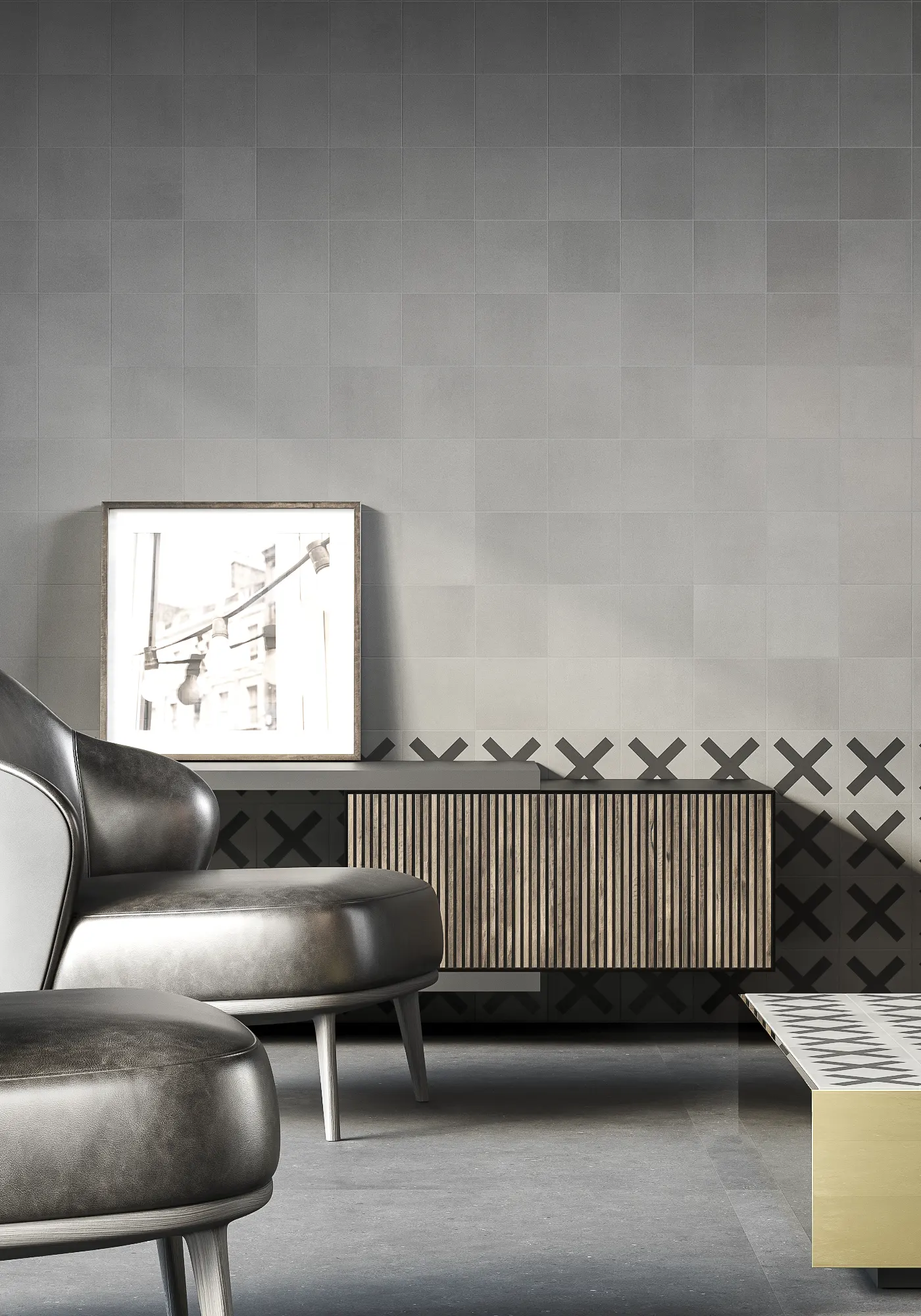 Living room with concrete wall tiles in 15x15 cm. made out of gray cement