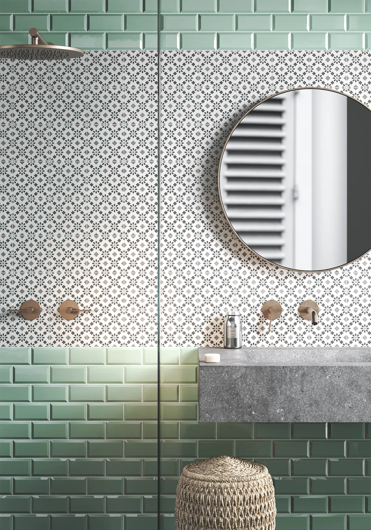 Bathroom wall with white and retro decorative tiles 15x15 cm