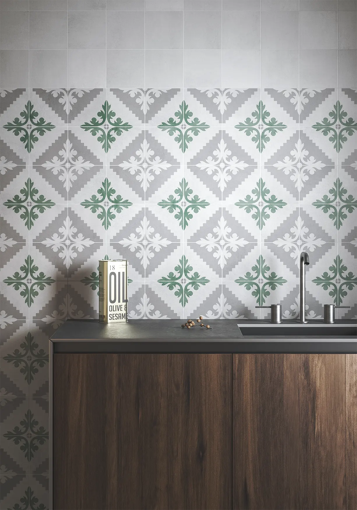 Kitchen wall with green decorative tiles in 15x15 cm