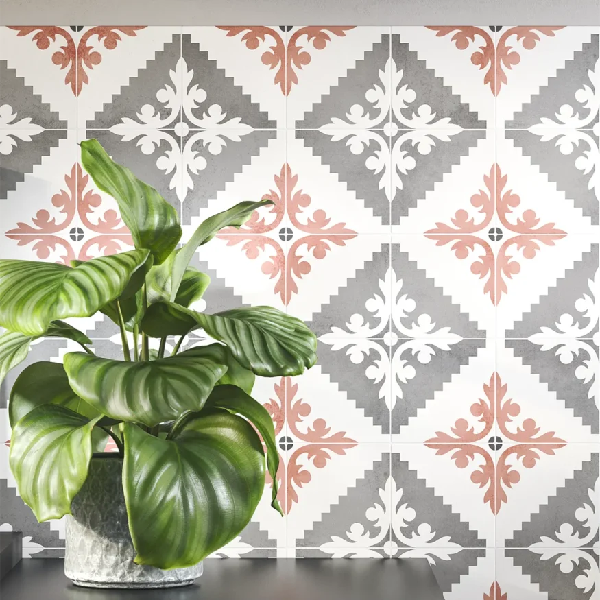 Living room wall with red decorative tiles in 15x15 cm