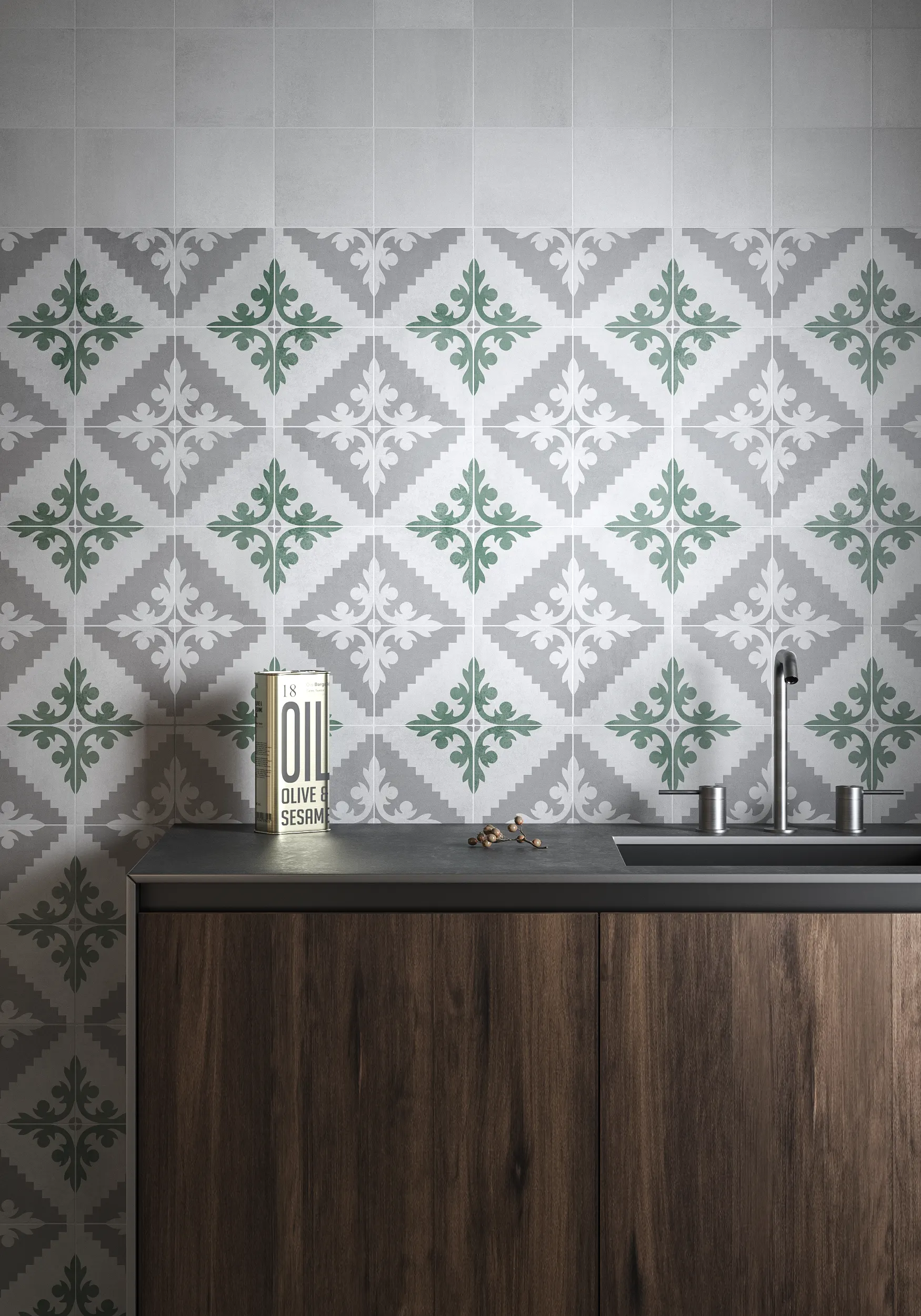 Kitchen wall with green decorative tiles in 15x15 cm