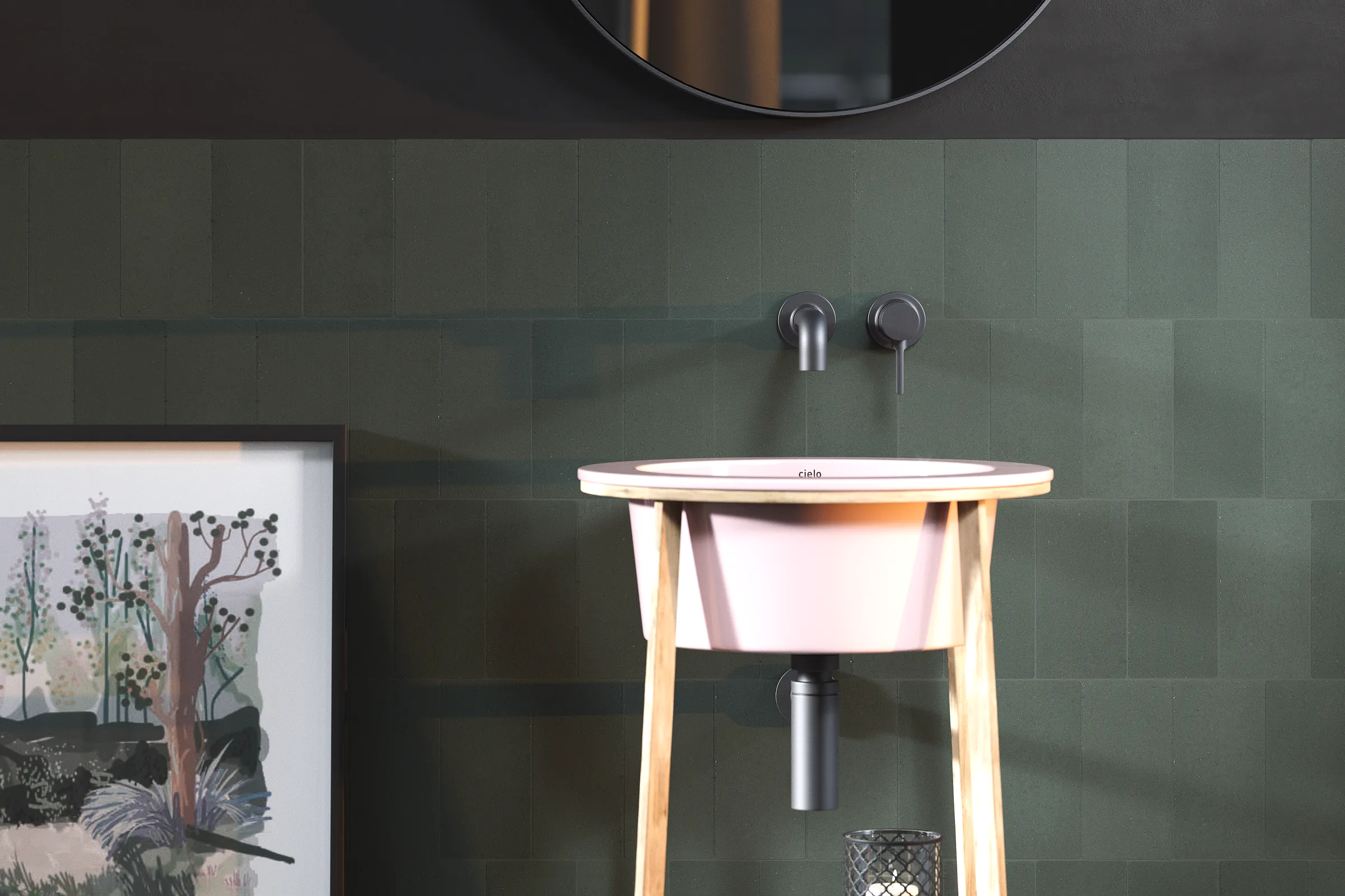 Bathroom interior featuring half-height walls clad in forest green tiles with exposed edge detailing