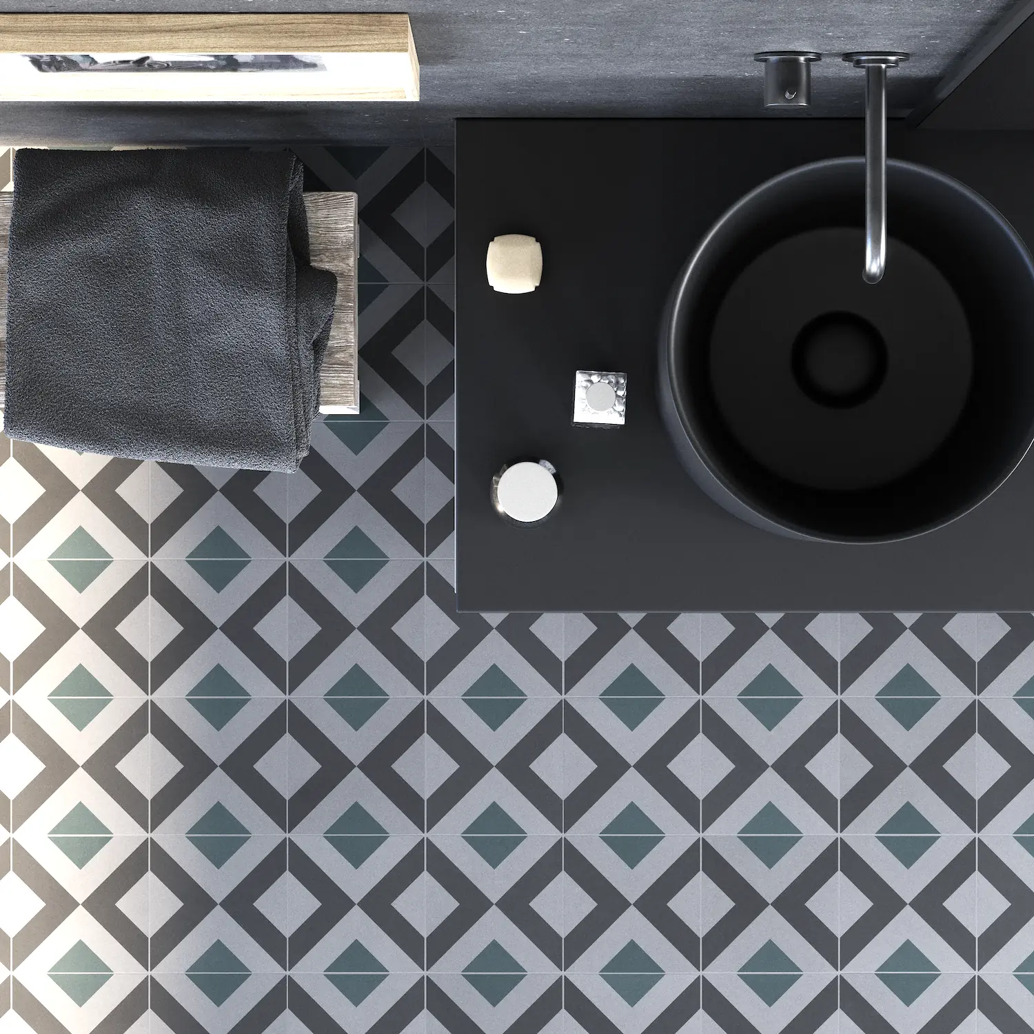 Low-thickness geometric concrete floor tiles in petroleum green for modern bathrooms