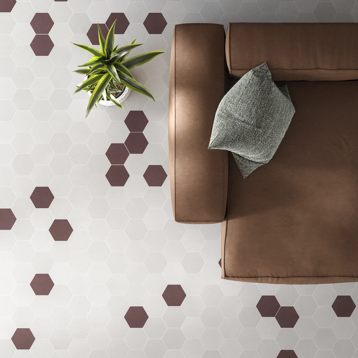 Hexagon floor tiles mosaic effect Living room floor with cement-finish hexagonal tiles in white and terracotta red with a mosaic effect