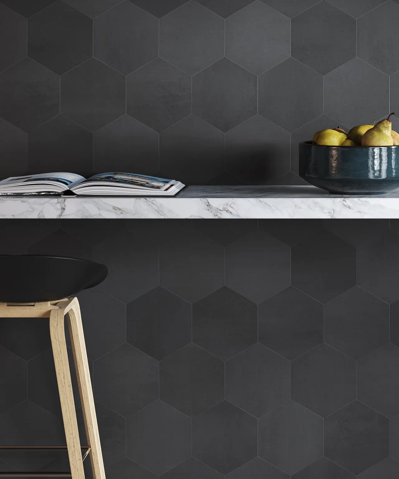Black hexagon tiles with cement in mass inspired by boho style