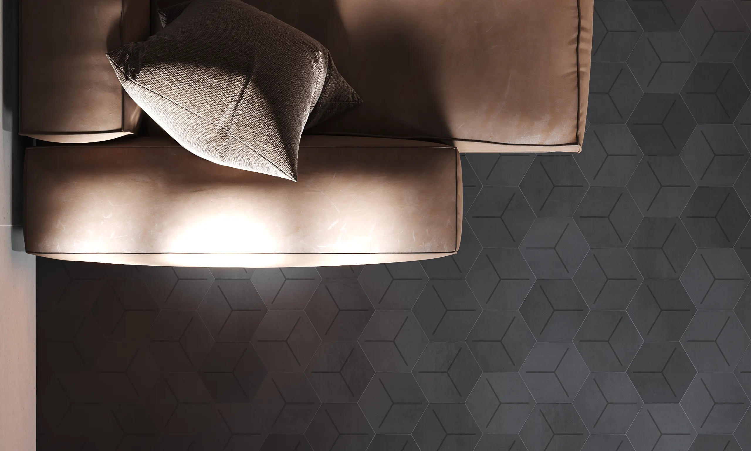 Detail of black hexagon tiles decorated with cube design inspiration