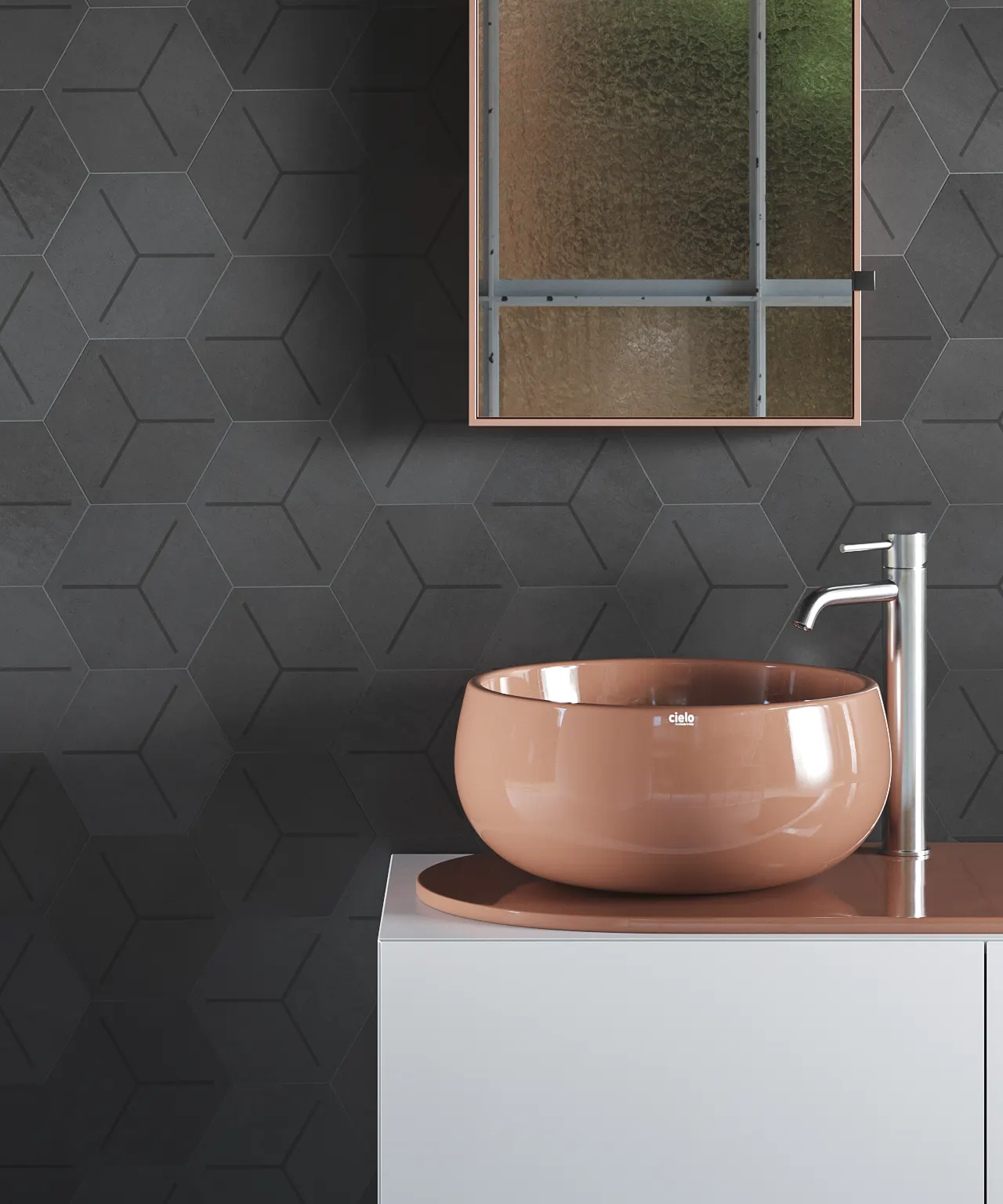 Black hexagon tiles decorated with cube design inspiration