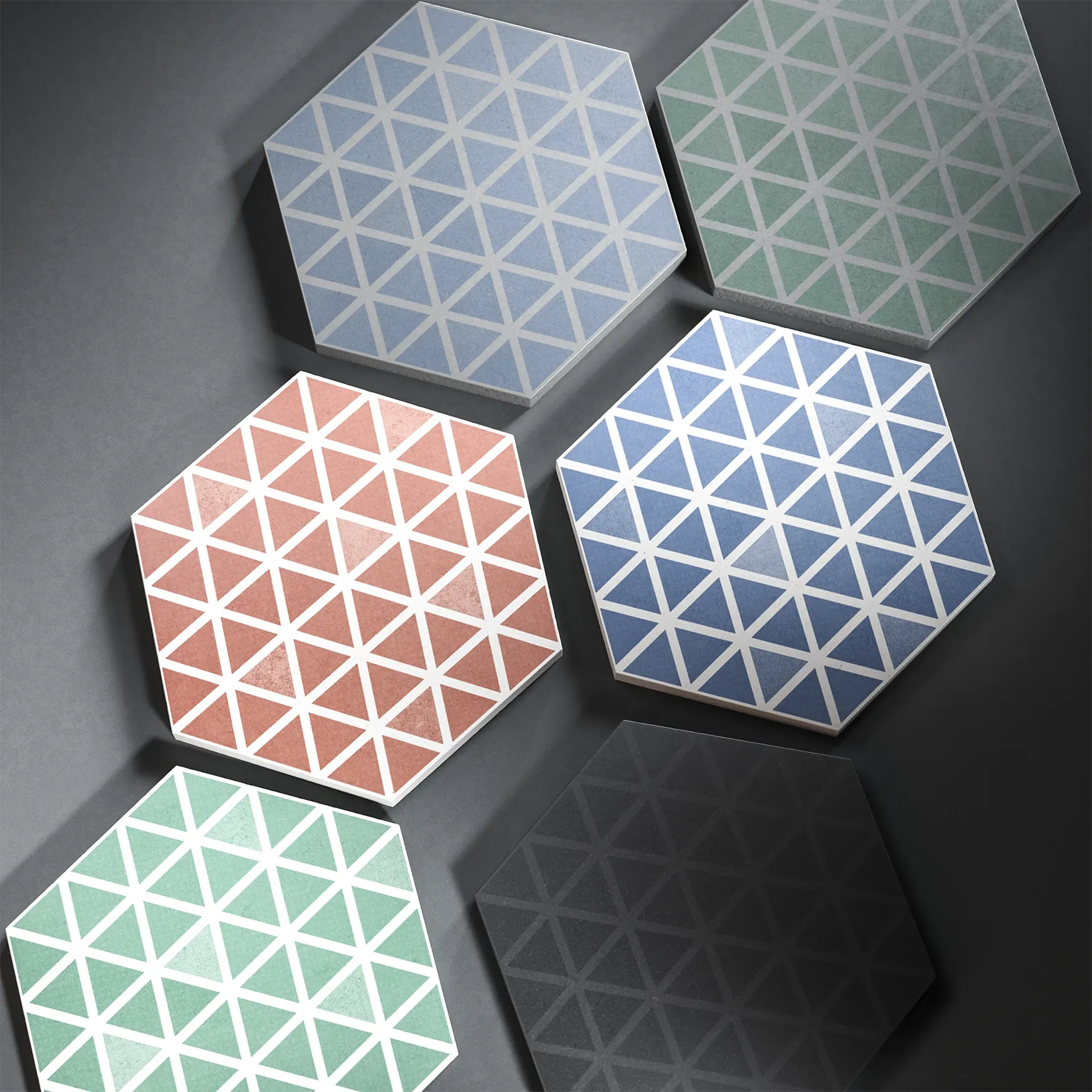 Some hexagonal tiles decorated with different colors