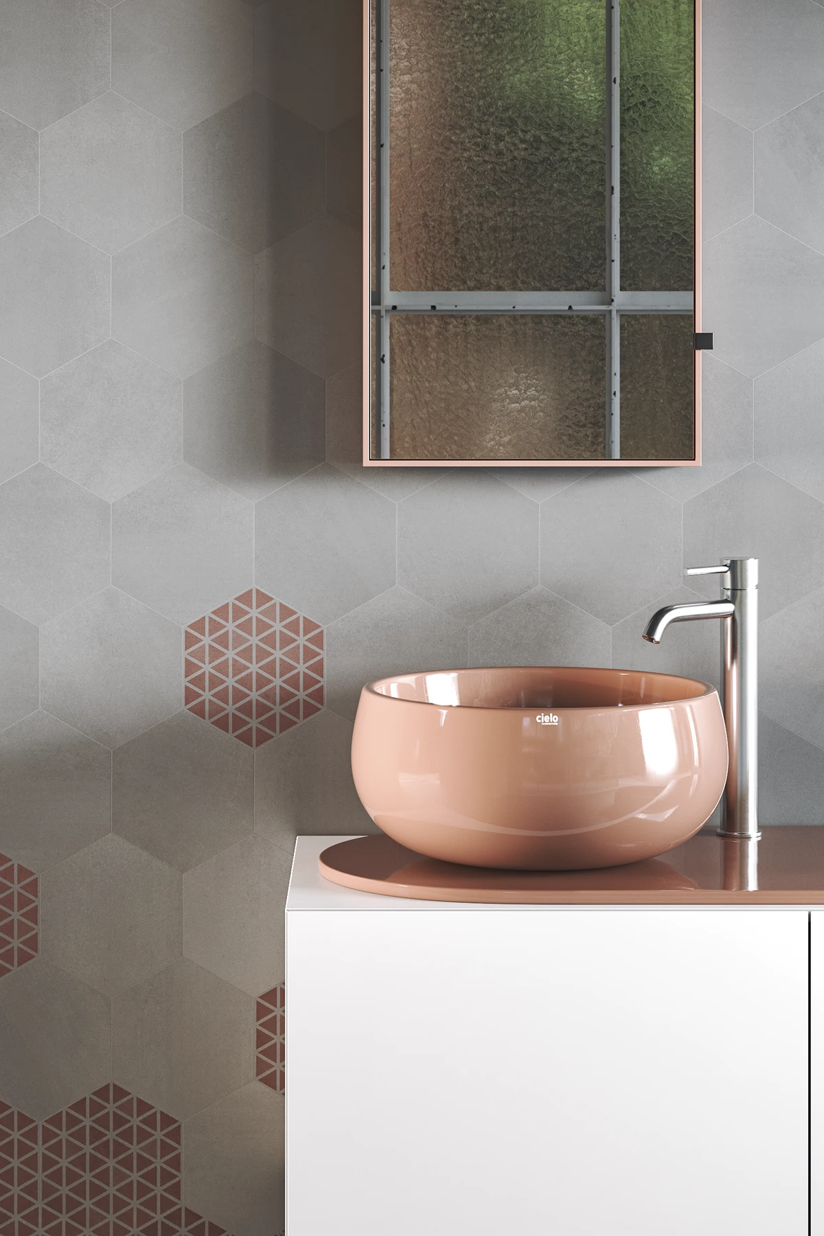 Bathroom wall with grey cement hexagon tiles