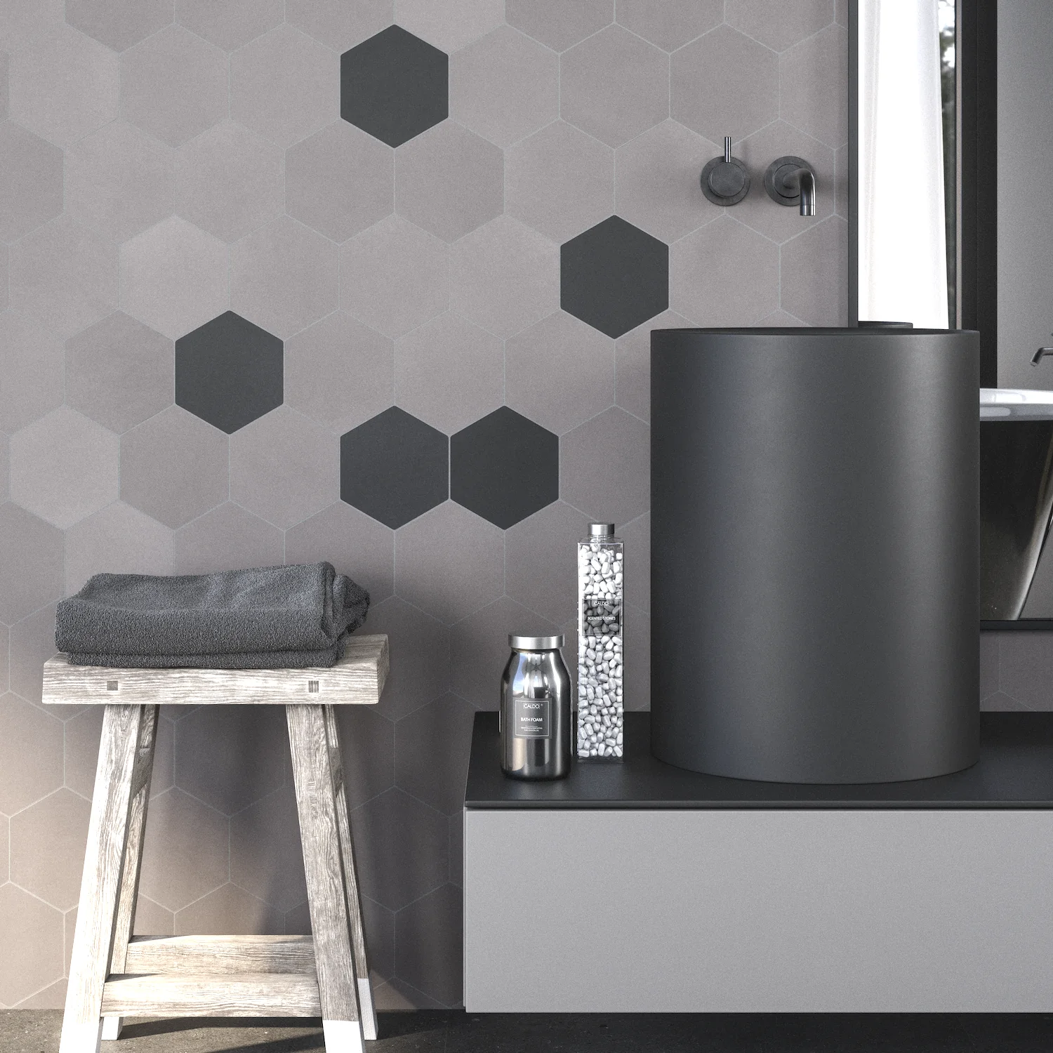 Hexagonal bathroom wall tiles Bathroom wall clad with hexagonal tiles in a nude beige tone, following the latest trends in minimalist interior design