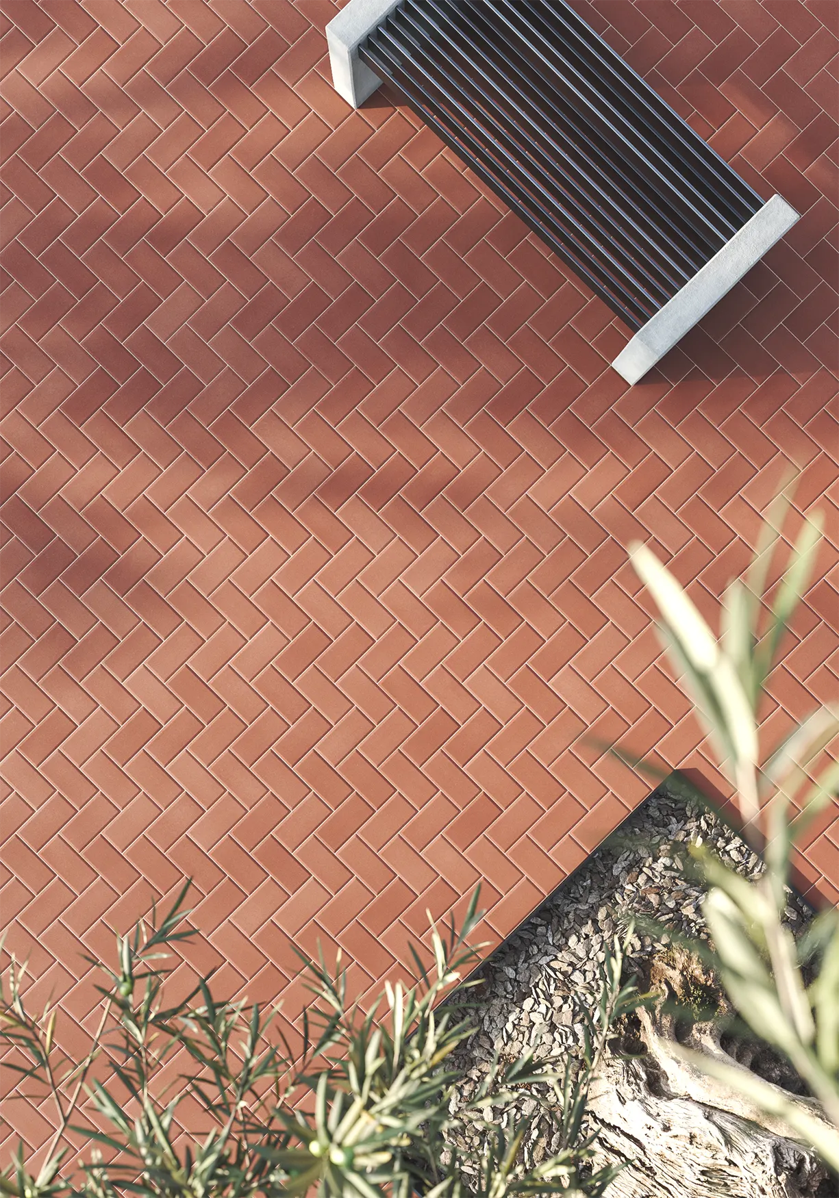 Terrasse avec carrelage rouge en 10x20 cm avec bord biseauté