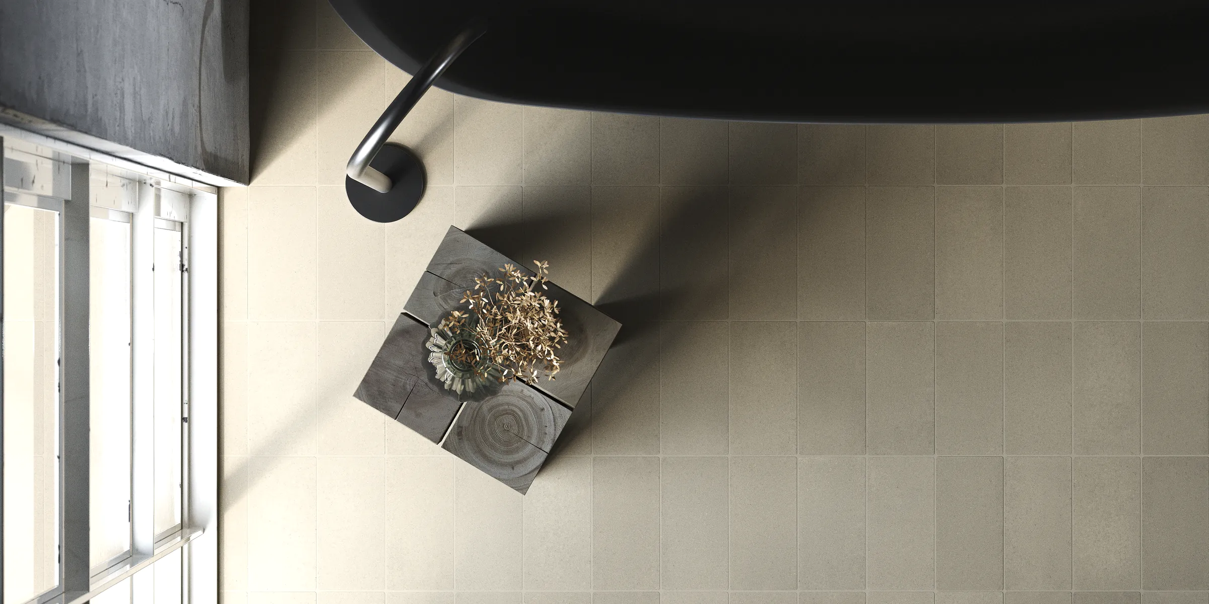 Bathroom floor with sand-colour beige tiles in an environment combining natural wood warmth with warm-toned tiles