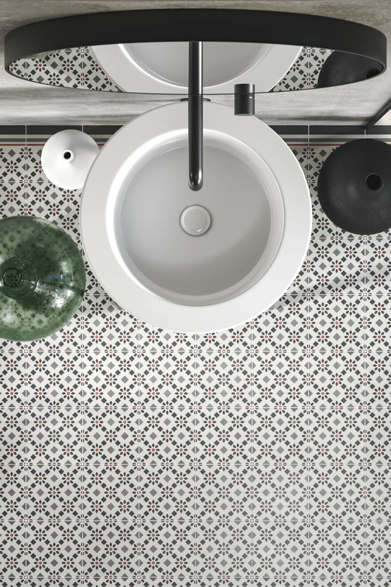 Bathroom floor made with classic cement tiles