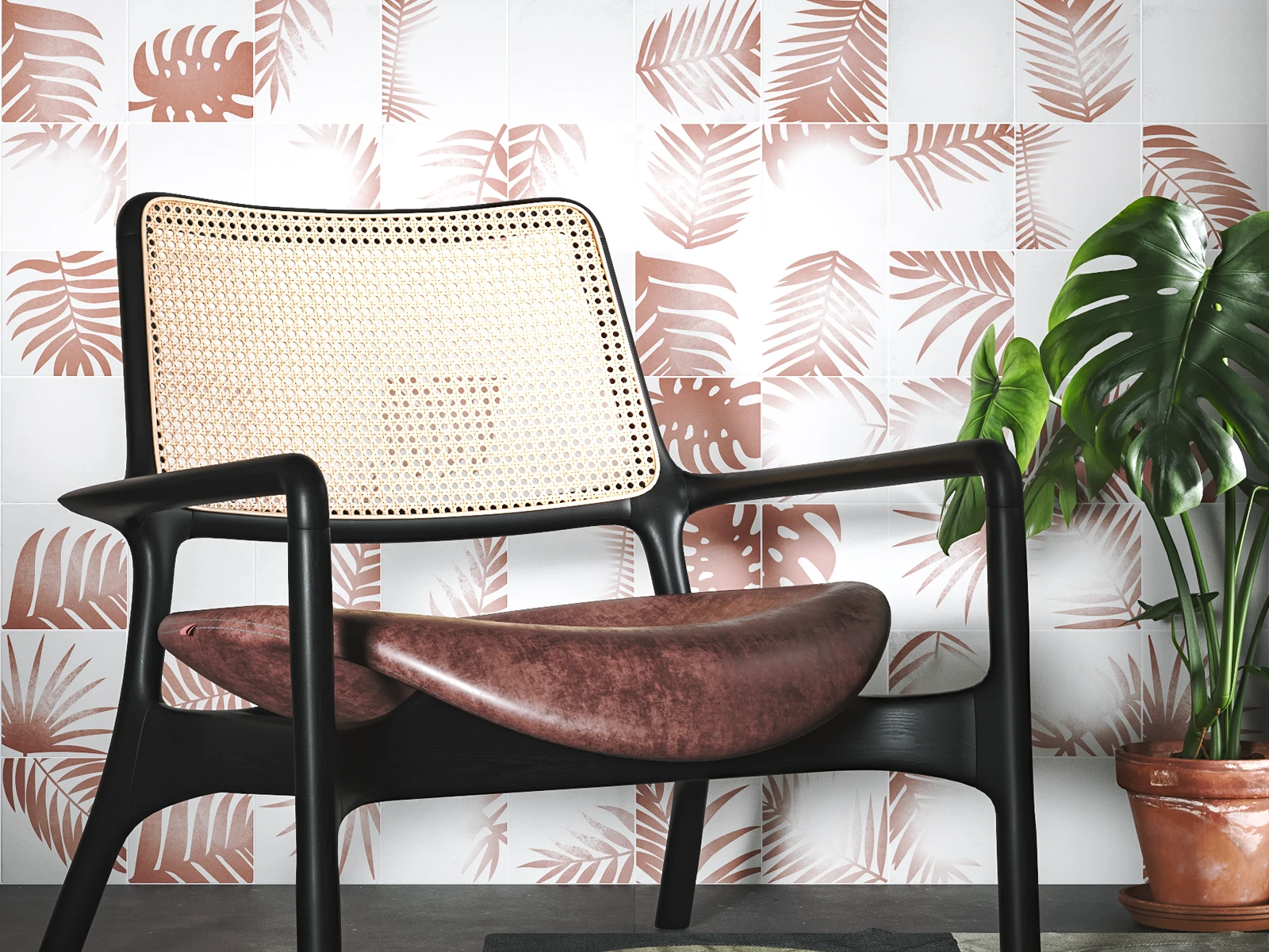 Lounge wall made out of white cement tiles with design
