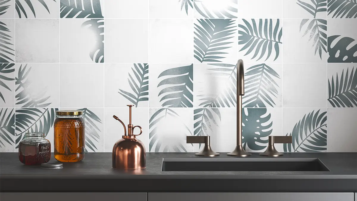 Kitchen wall made of cement tiles