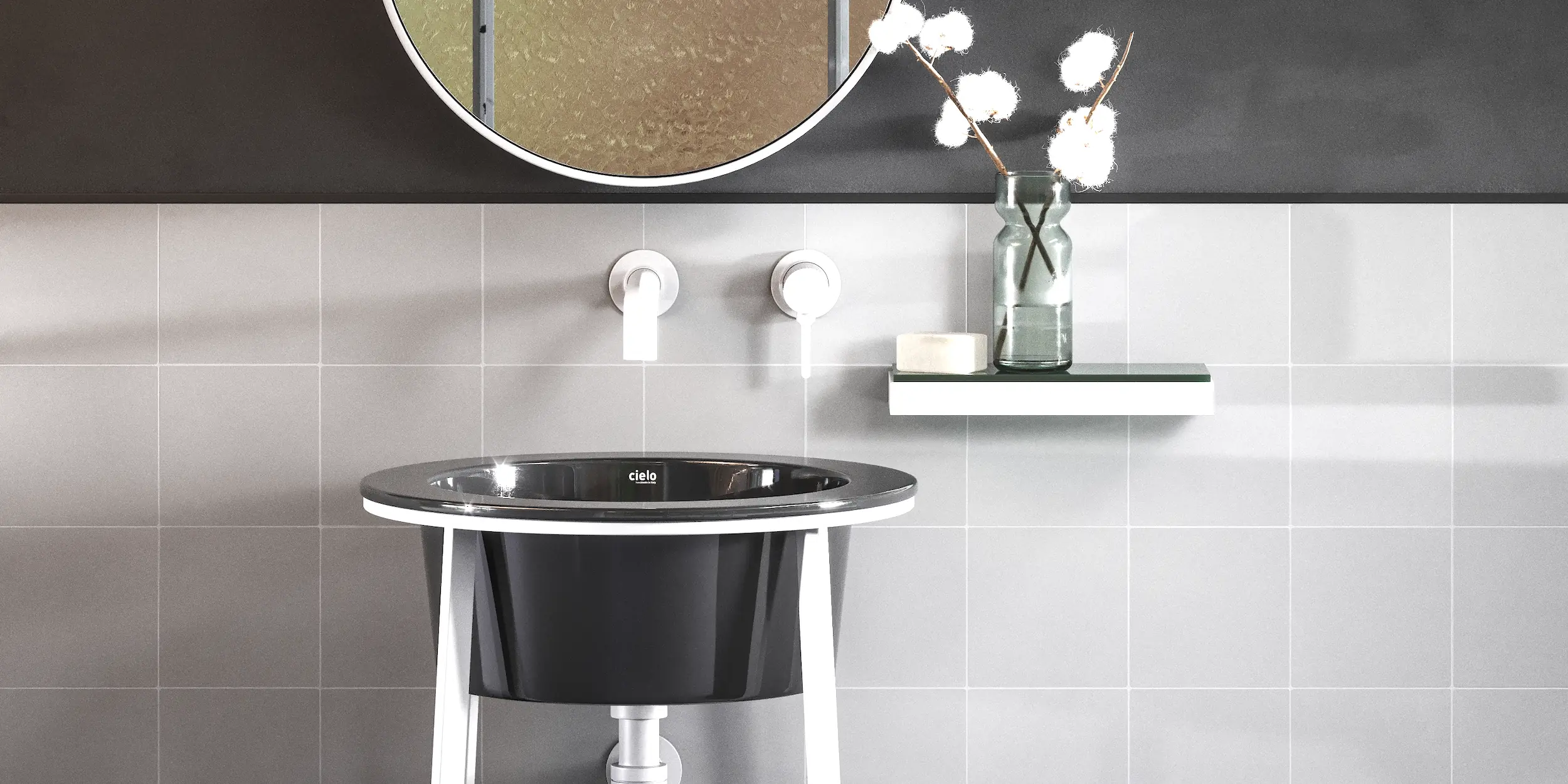 Natural white cement bathroom wall Half-height bathroom wall featuring natural-look white cement tiles