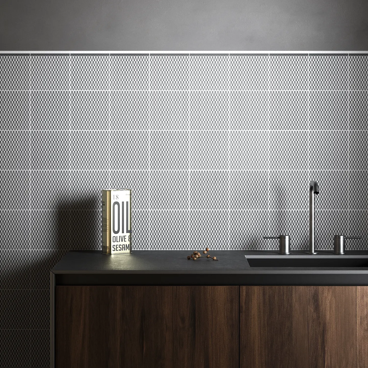 Matte white kitchen cladding Kitchen wall decorated with matte white cement tiles