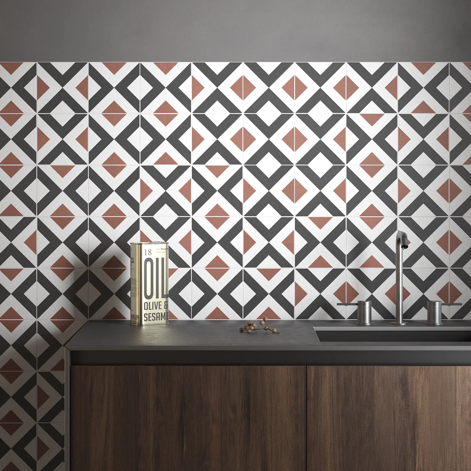 Küchenrückwand mit geometrisch gemusterten Zementfliesen in Weiß, Schwarz und Rot